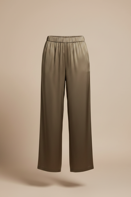 Pantalon Fluide Satiné Ample Kaki Taille Haute - vue 3