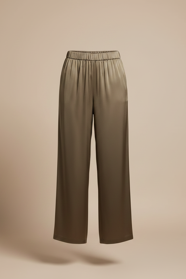 Pantalon Fluide Satiné Ample Kaki Taille Haute - vue 3