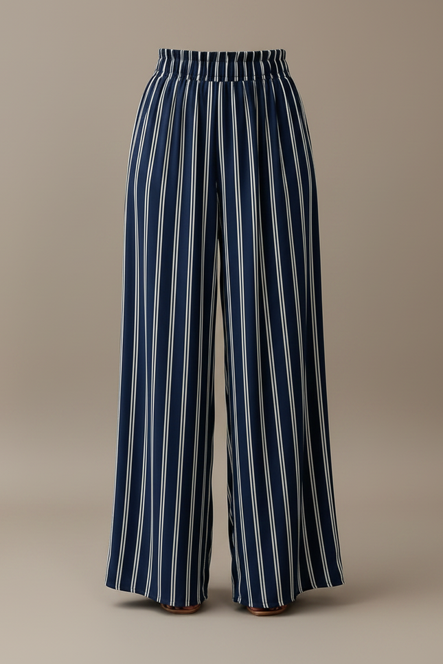 Pantalon Fluide Bleu Marine Rayé Ample Taille Haute - Polyester - vue 3