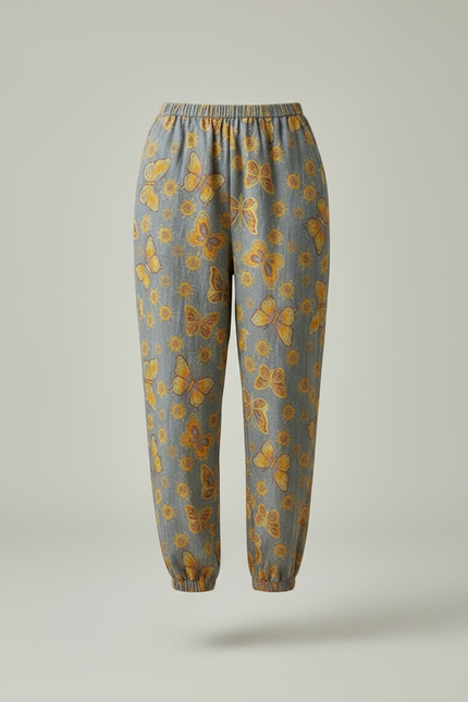 Pantalon Fluide Gris Ample Papillons Été Femme - Lin - vue 3