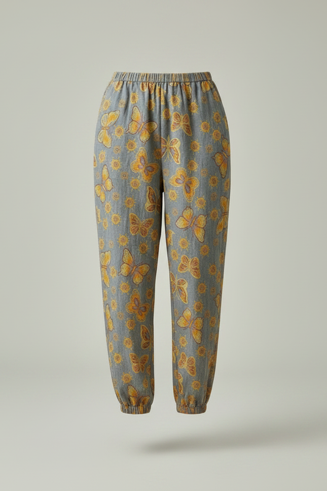 Pantalon Fluide Gris Ample Papillons Été Femme - Lin - vue 3