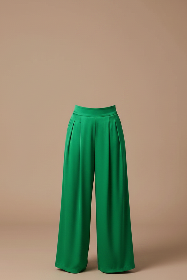 Pantalon Fluide Vert Émeraude Satiné Plissé Large Élégant - vue 3