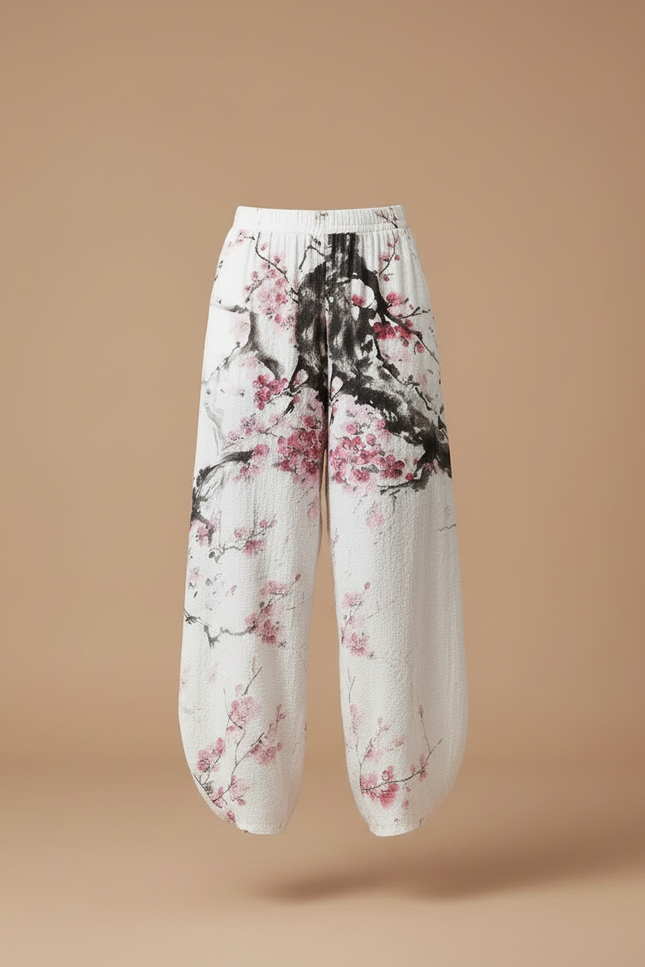 Pantalon Fluide Blanc Imprimé Floral Ample Bohème Femme - Lin - vue 3