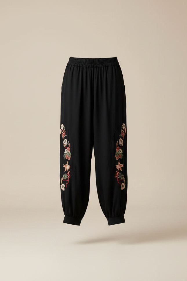 Pantalon Fluide Noir Brodé Ample Élastique Bohème - Viscose - vue 3