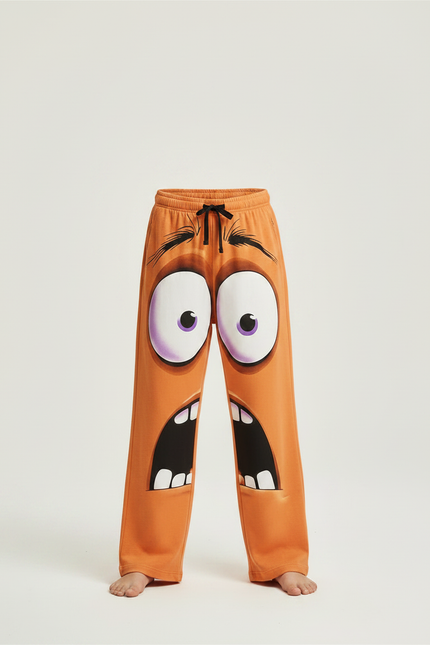 Pantalon Fluide Orange Ample Motif Visages Rigolos Enfant - Molleton - vue 3