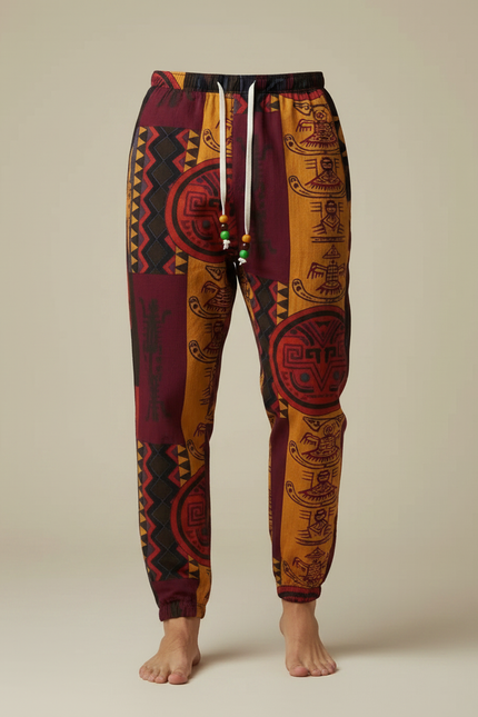 Pantalon Fluide Tribal Ethnique Imprimé Ample Cordon Homme - Multicolore Viscose - vue 3