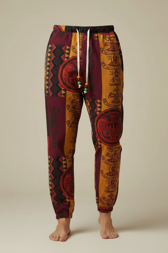 Pantalon Fluide Tribal Ethnique Imprimé Ample Cordon Homme - Multicolore Viscose - vue 3