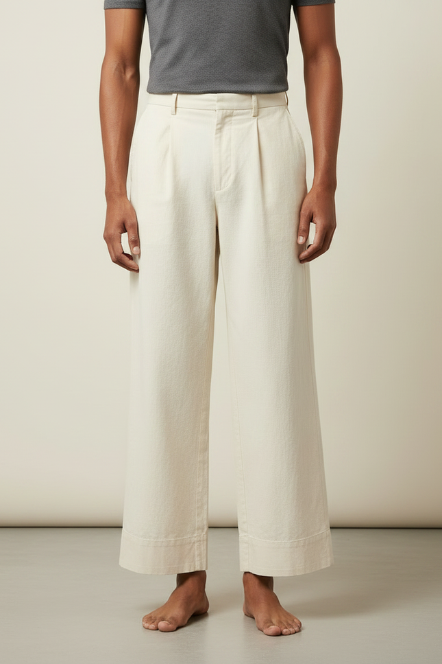 Pantalon Fluide Écru Ample Plissé Décontracté Léger - Beige Toile - vue 3