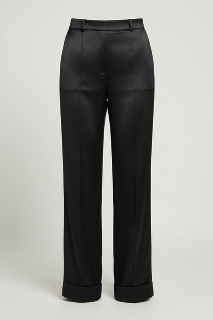 Pantalon Fluide Noir Satiné Taille Haute Ample Élégant - vue 3