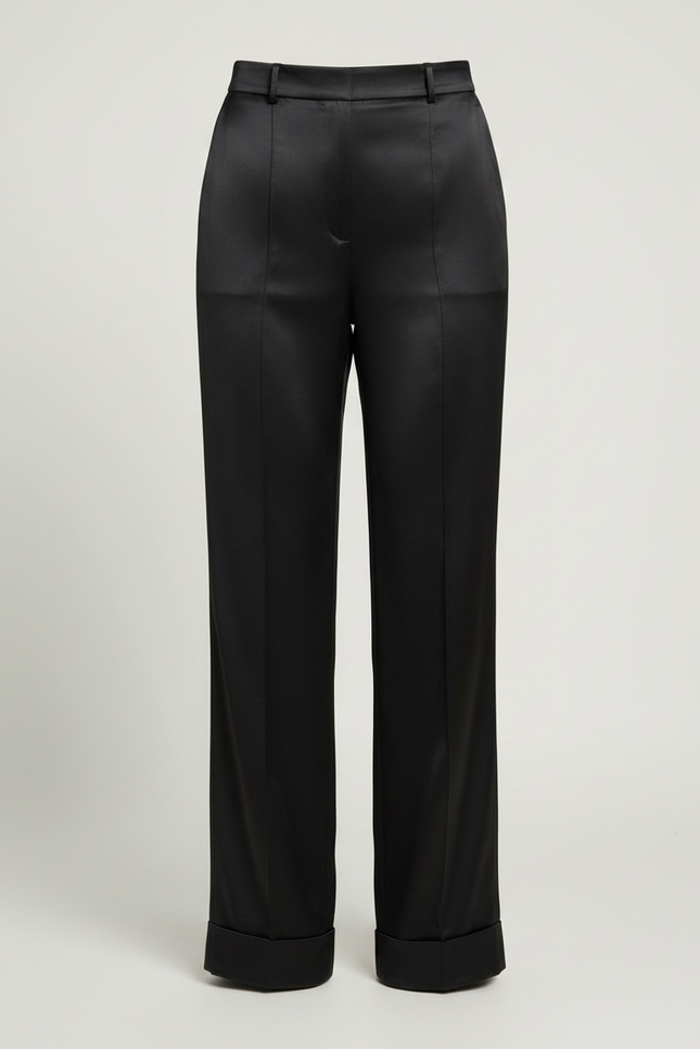 Pantalon Fluide Noir Satiné Taille Haute Ample Élégant - vue 3