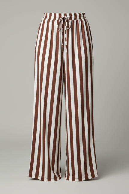 Pantalon Fluide Rayé Marron Ample Décontracté Cordon - Viscose - vue 3