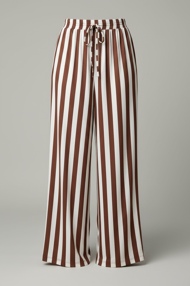 Pantalon Fluide Rayé Marron Ample Décontracté Cordon - Viscose - vue 3