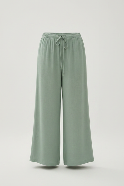 Pantalon Fluide Vert Ample Lin Décontracté Taille Élastique - vue 3