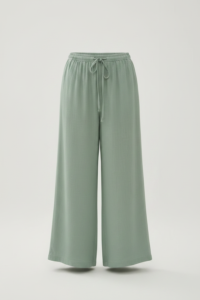 Pantalon Fluide Vert Ample Lin Décontracté Taille Élastique - vue 3