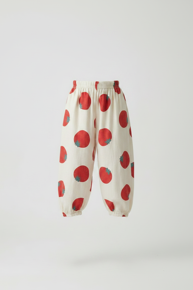 Pantalon Fluide Écru Ample Fraises Coton Enfant - Beige - vue 3