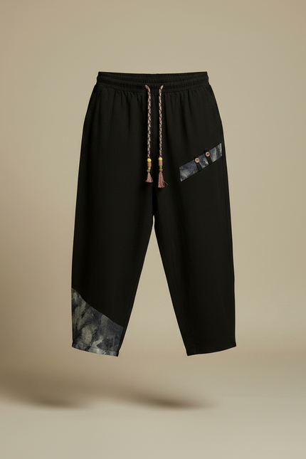Pantalon Fluide Noir Ample Coton Lin Ethnique Décontracté - vue 3