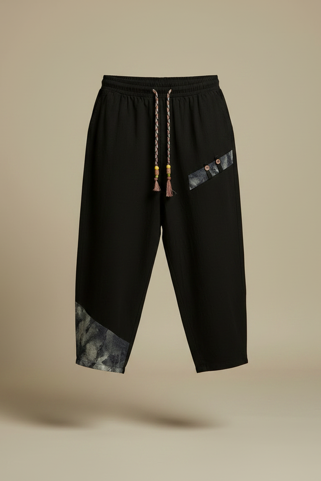 Pantalon Fluide Noir Ample Coton Lin Ethnique Décontracté - vue 3