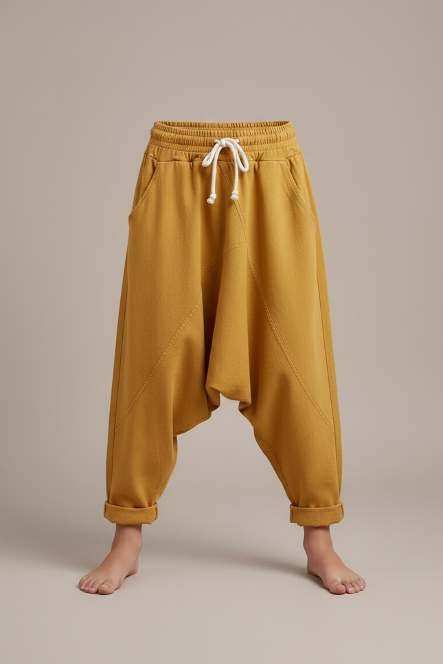 Pantalon Fluide Ample Jaune Moutarde Décontracté Confortable Coton - vue 3