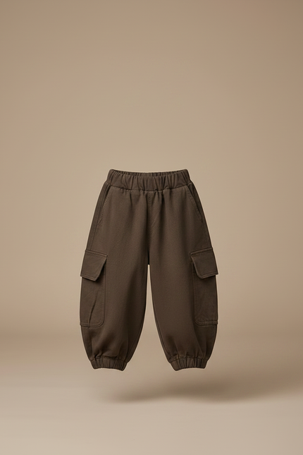 Pantalon Fluide Cargo Vert Ample Coton Enfant - Kaki Molleton - vue 3