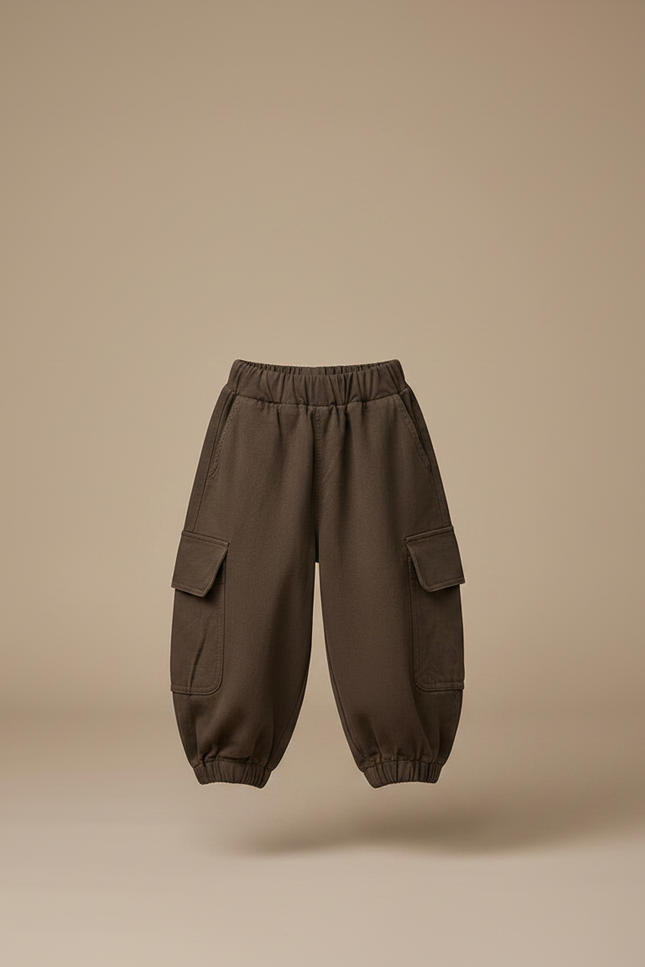 Pantalon Fluide Cargo Vert Ample Coton Enfant - Kaki Molleton - vue 3