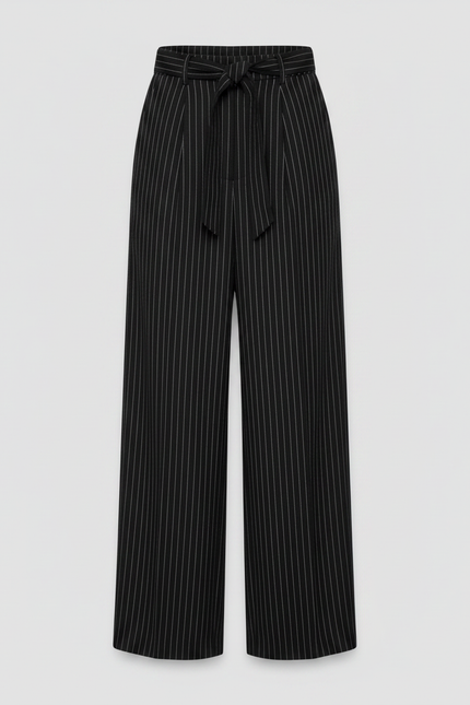 Pantalon Fluide Noir Rayé Ample Taille Haute Élégant - Polyester - vue 3