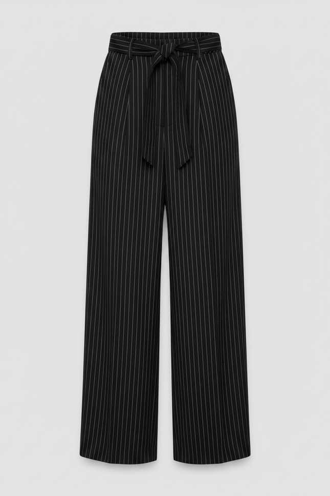 Pantalon Fluide Noir Rayé Ample Taille Haute Élégant - Polyester - vue 3