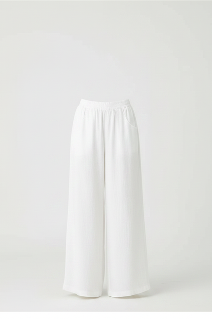 Pantalon Fluide Blanc Ample Coton Lin Taille Haute - vue 3