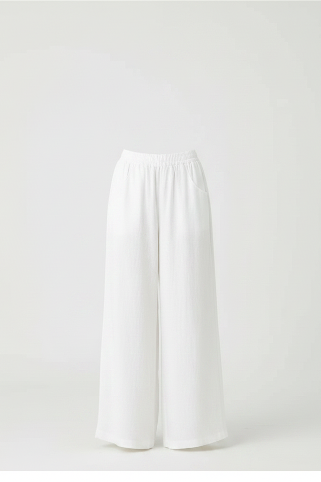 Pantalon Fluide Blanc Ample Coton Lin Taille Haute - vue 3