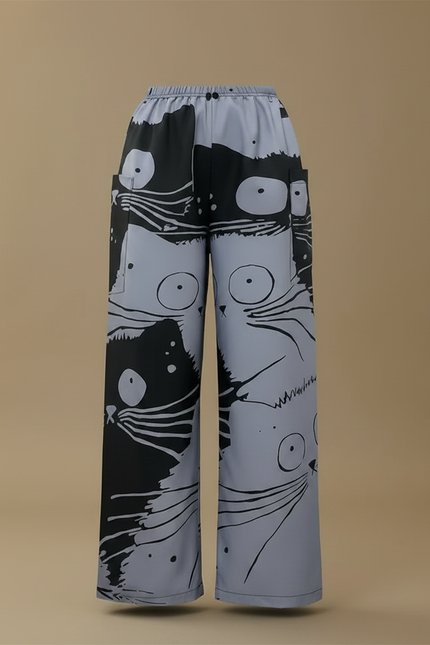 Pantalon Fluide Ample Imprimé Chats Noir Gris Décontracté - Polyester - vue 3