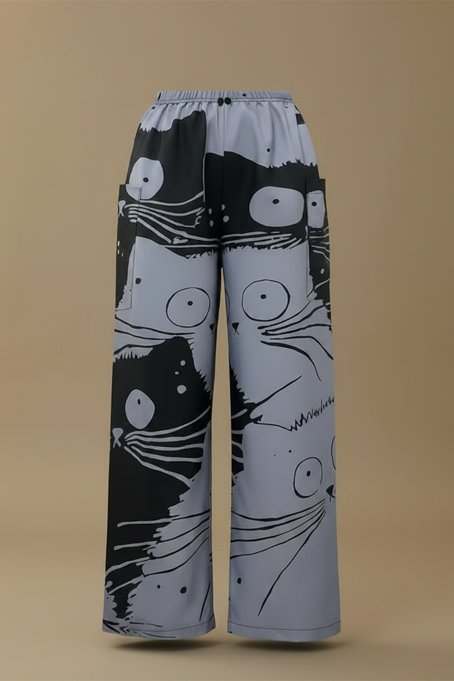 Pantalon Fluide Ample Imprimé Chats Noir Gris Décontracté - Polyester - vue 3
