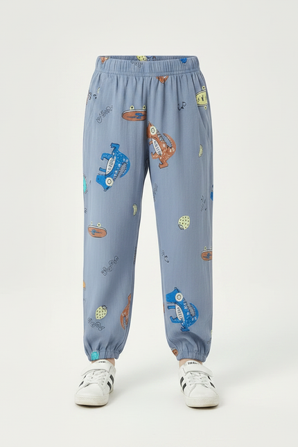 Pantalon Fluide Bleu Ciel Ample Dinosaure Coton - vue 3