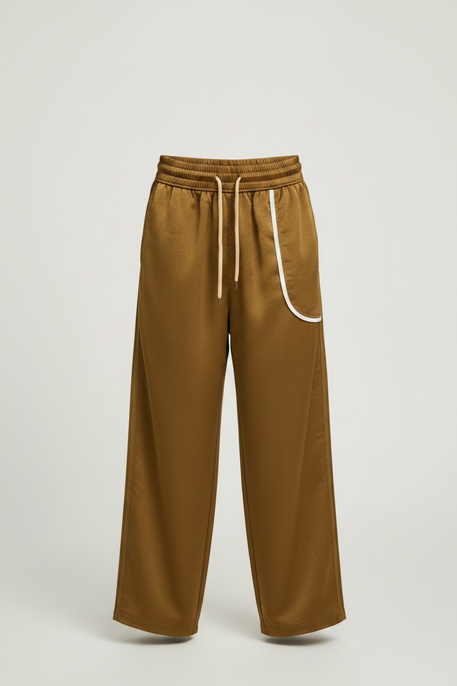 Pantalon Fluide Marron Satiné Ample Décontracté Sportif - Kaki - vue 3