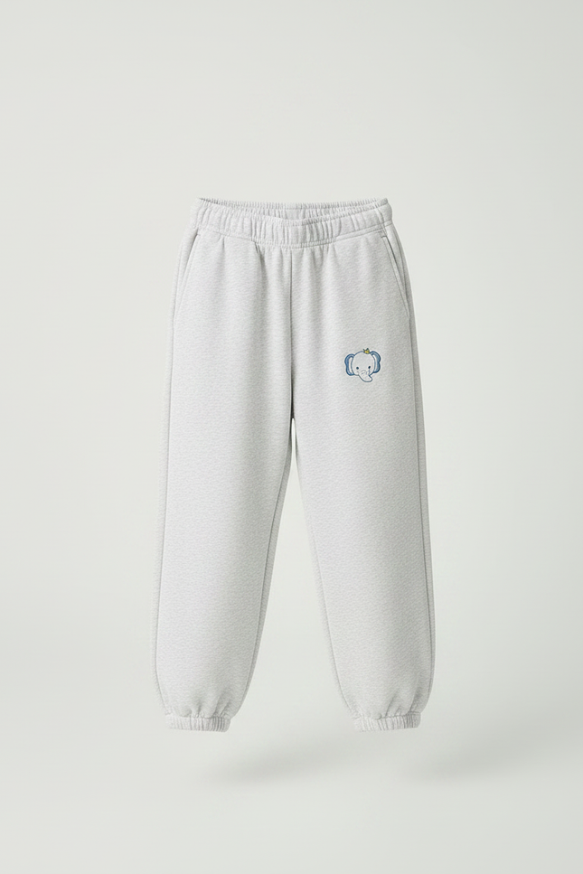 Pantalon Fluide Gris Ample Coton Enfant Brodé Éléphant - Molleton - vue 3