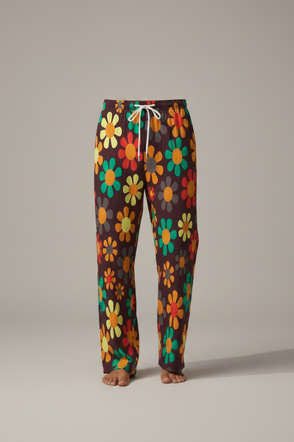 Pantalon Fluide Imprimé Floral Marron Rétro Ample Cordon - Viscose - vue 3