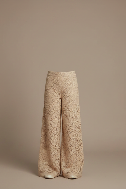 Pantalon Fluide Beige Dentelle Ample Fille Élégant - Polyester - vue 3