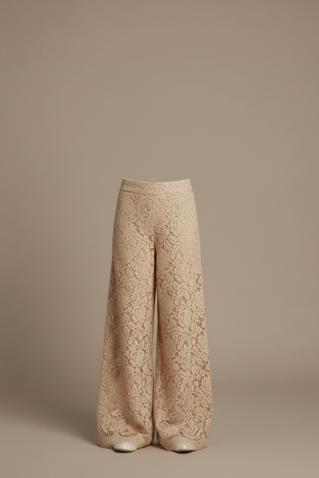 Pantalon Fluide Beige Dentelle Ample Fille Élégant - Polyester - vue 3
