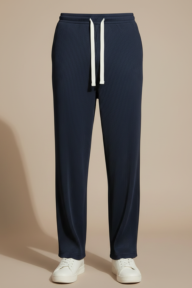 Pantalon Fluide Bleu Marine Plissé Droit Cordon Homme - Polyester - vue 3