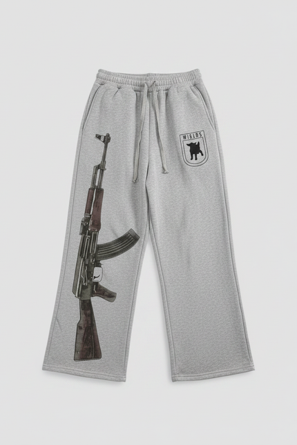 Pantalon Fluide Gris Ample Imprimé AK-47 Décontracté - Molleton