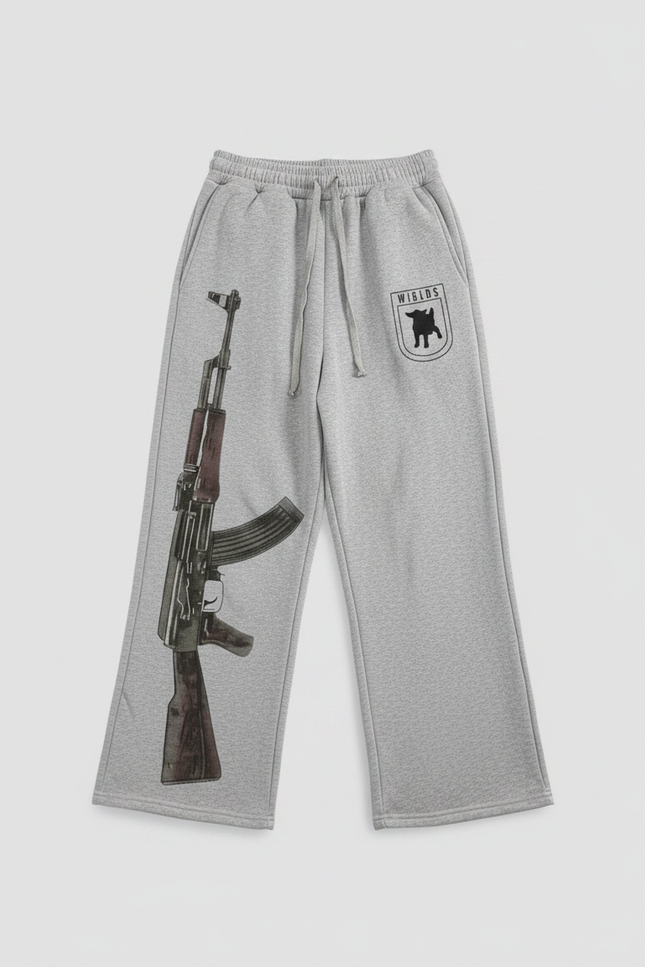 Pantalon Fluide Gris Ample Imprimé AK-47 Décontracté - Molleton