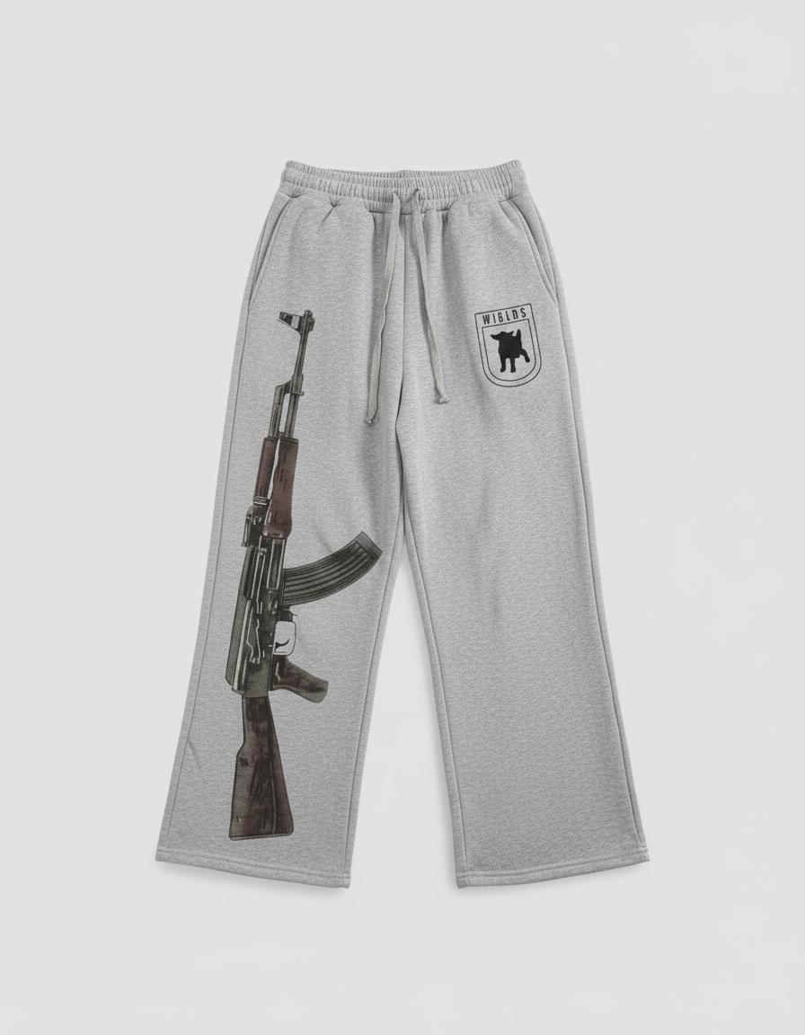 Pantalon Fluide Gris Ample Imprimé AK-47 Décontracté - Molleton