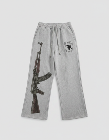 Pantalon Fluide Gris Ample Imprimé AK-47 Décontracté - Molleton
