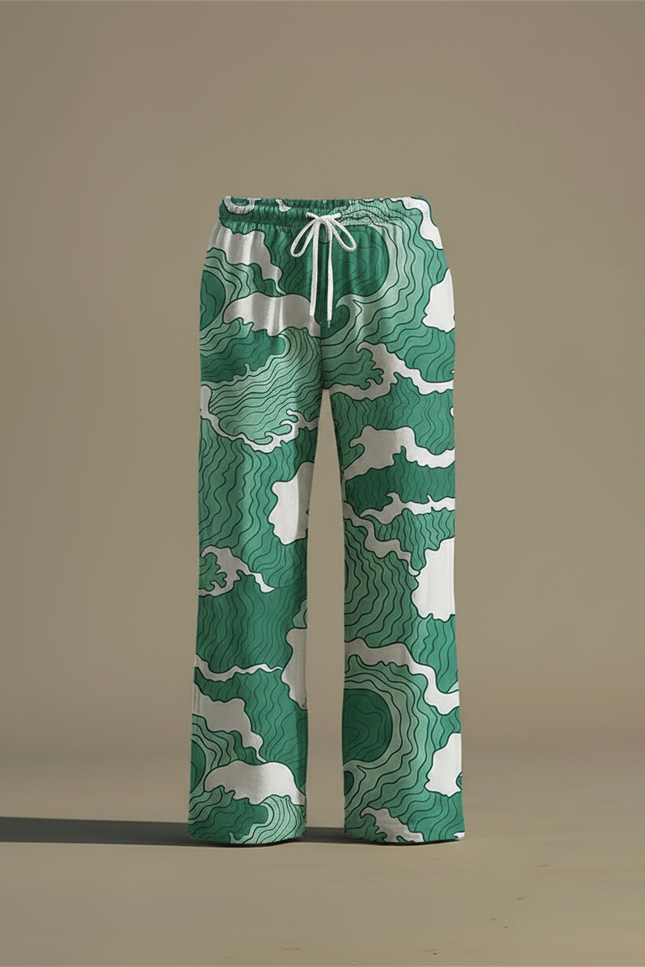 Pantalon Fluide Vert Motif Vagues Ample Décontracté Homme - Coton - vue 3