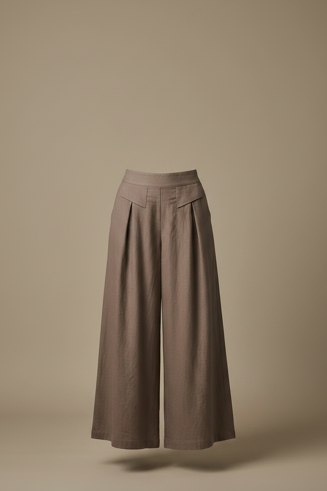 Pantalon Fluide Marron Ample Taille Haute Lin Femme - vue 3