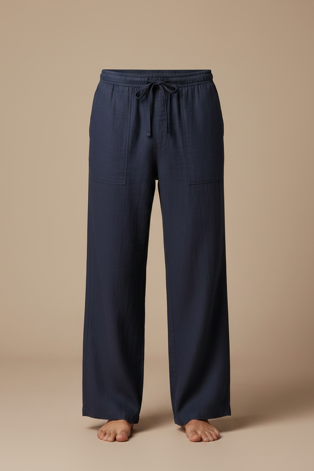 Pantalon Fluide Bleu Marine Lin Ample Cordon Homme - vue 3