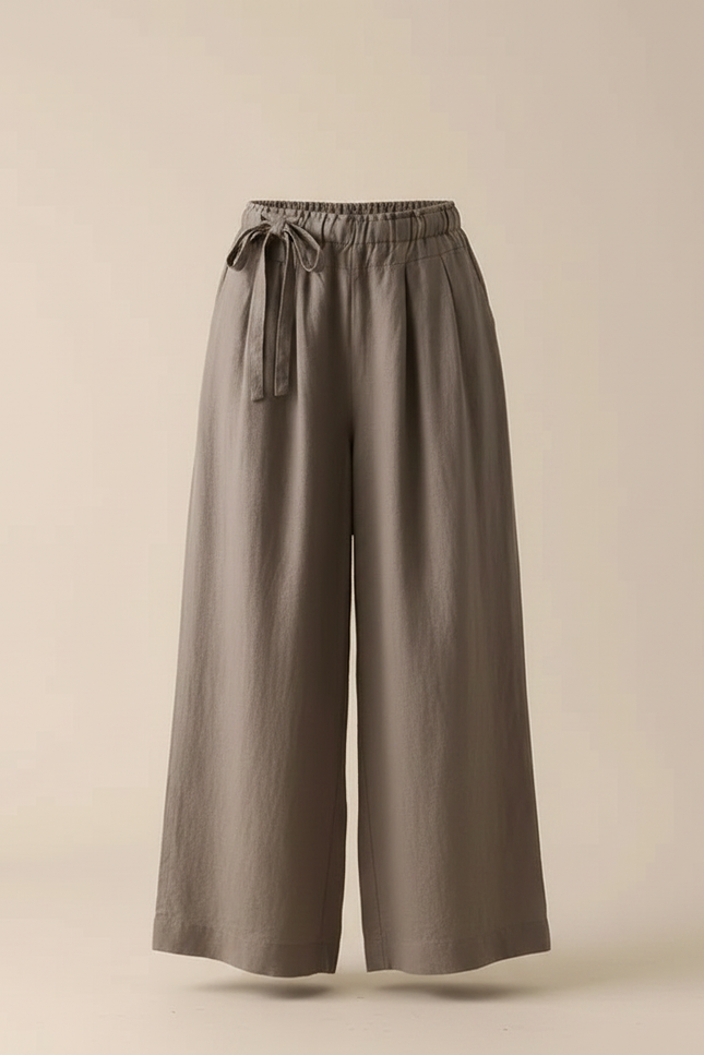 Pantalon Fluide Gris Ample Lin Taille Haute - vue 3