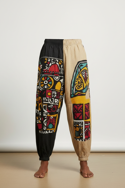 Pantalon Fluide Ethnique Ample Imprimé Tribal Coloré - Lin - vue 3