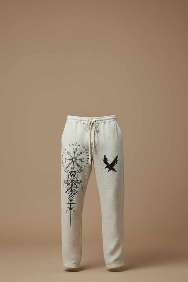 Pantalon Fluide Lin Écru Imprimé Viking Ample Homme - Beige - vue 3