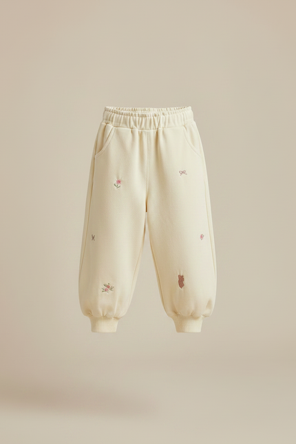 Pantalon Fluide Écru Brodé Ample Décontracté Enfant - Jaune Molleton - vue 3