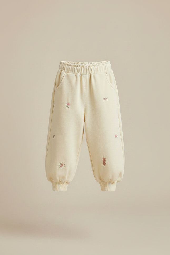 Pantalon Fluide Écru Brodé Ample Décontracté Enfant - Jaune Molleton - vue 3