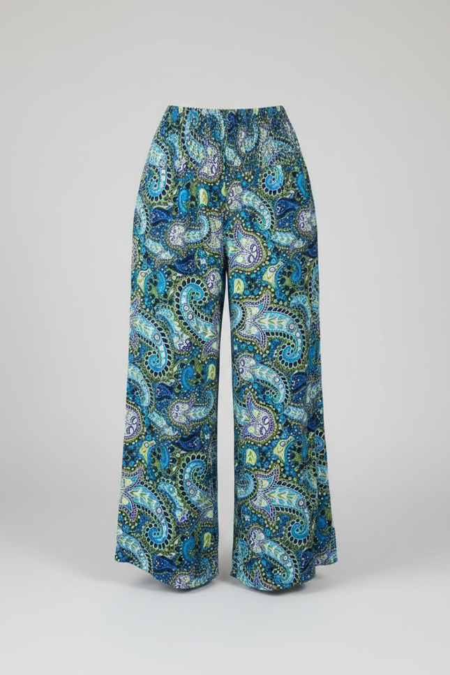 Pantalon Fluide Bleu Imprimé Cachemire Bohème Taille Haute - Viscose - vue 3